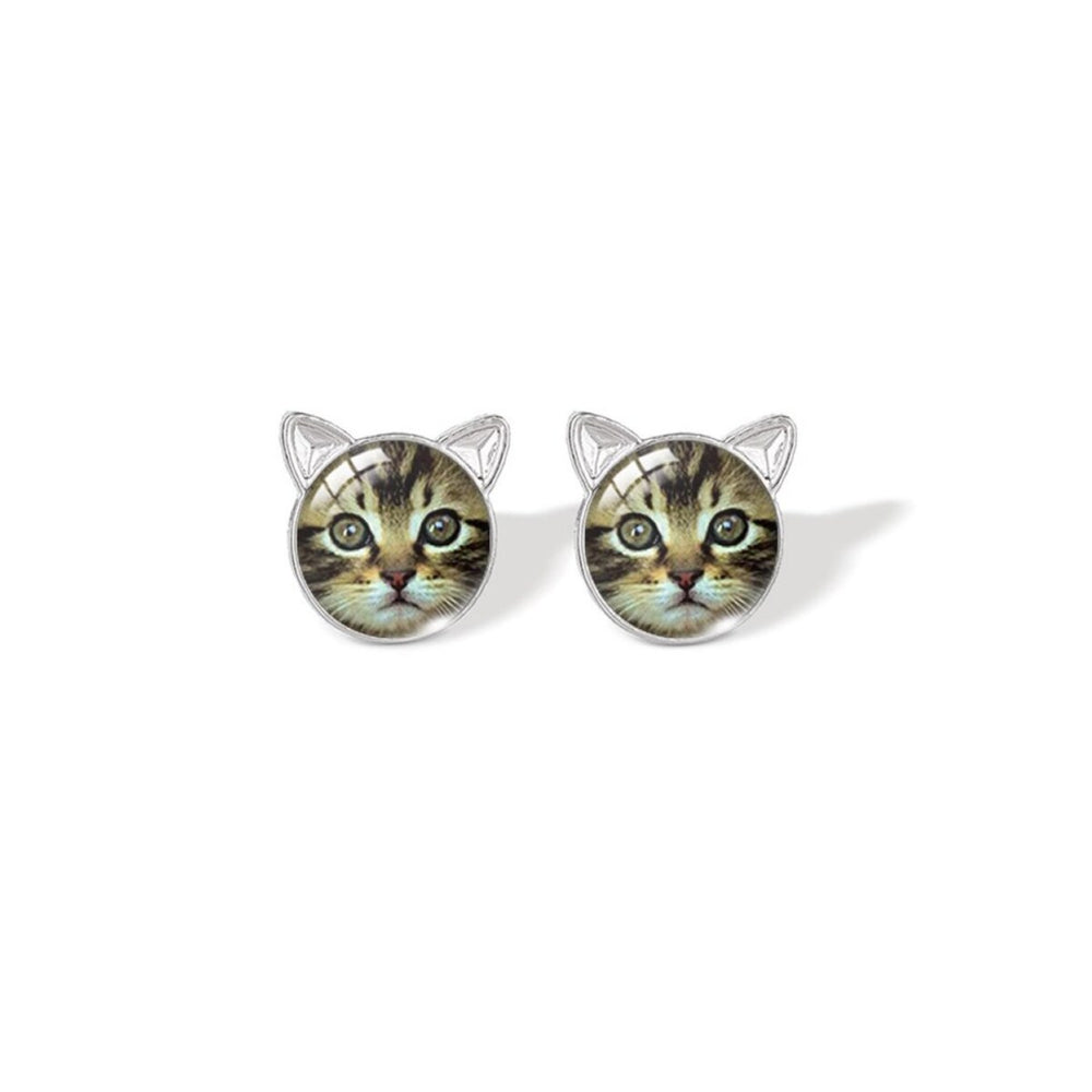 Silvertone Brown Cat Circular Stud Earrings