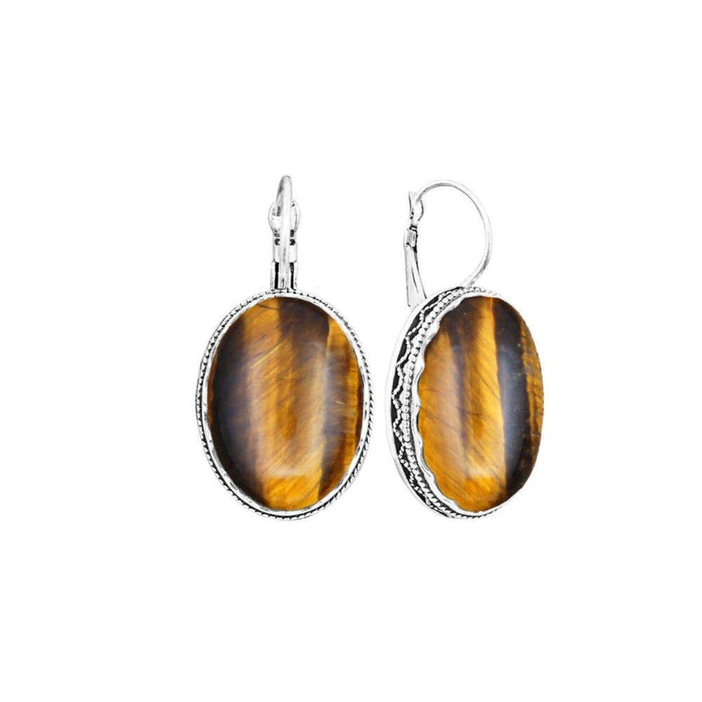 Silvertone Brown Oval Leverback Earrings