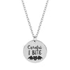 Silvertone Careful I Bite Halloween Pendant Necklace - White