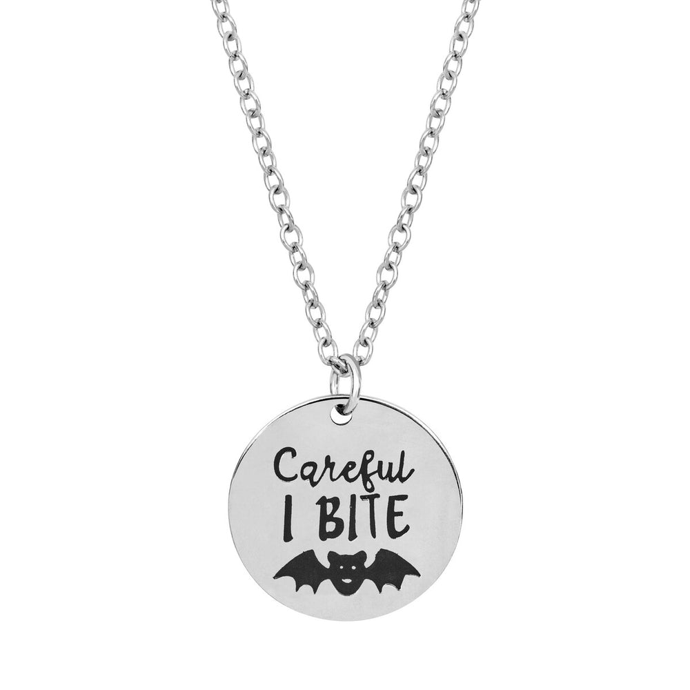 Silvertone Careful I Bite Halloween Pendant Necklace - White