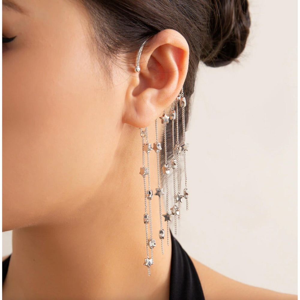 Silvertone Chain Drop Stars Statement Ear Cuff