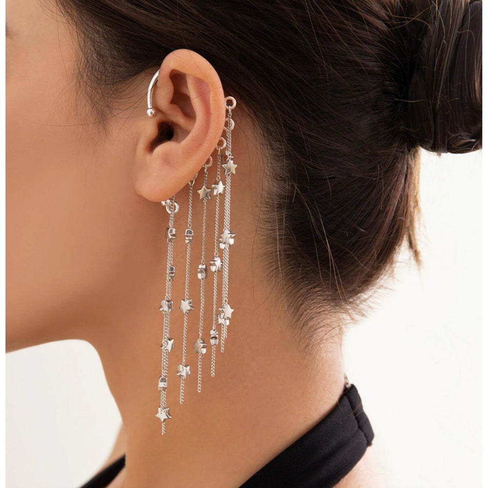 Silvertone Chain Drop Stars Statement Ear Cuff