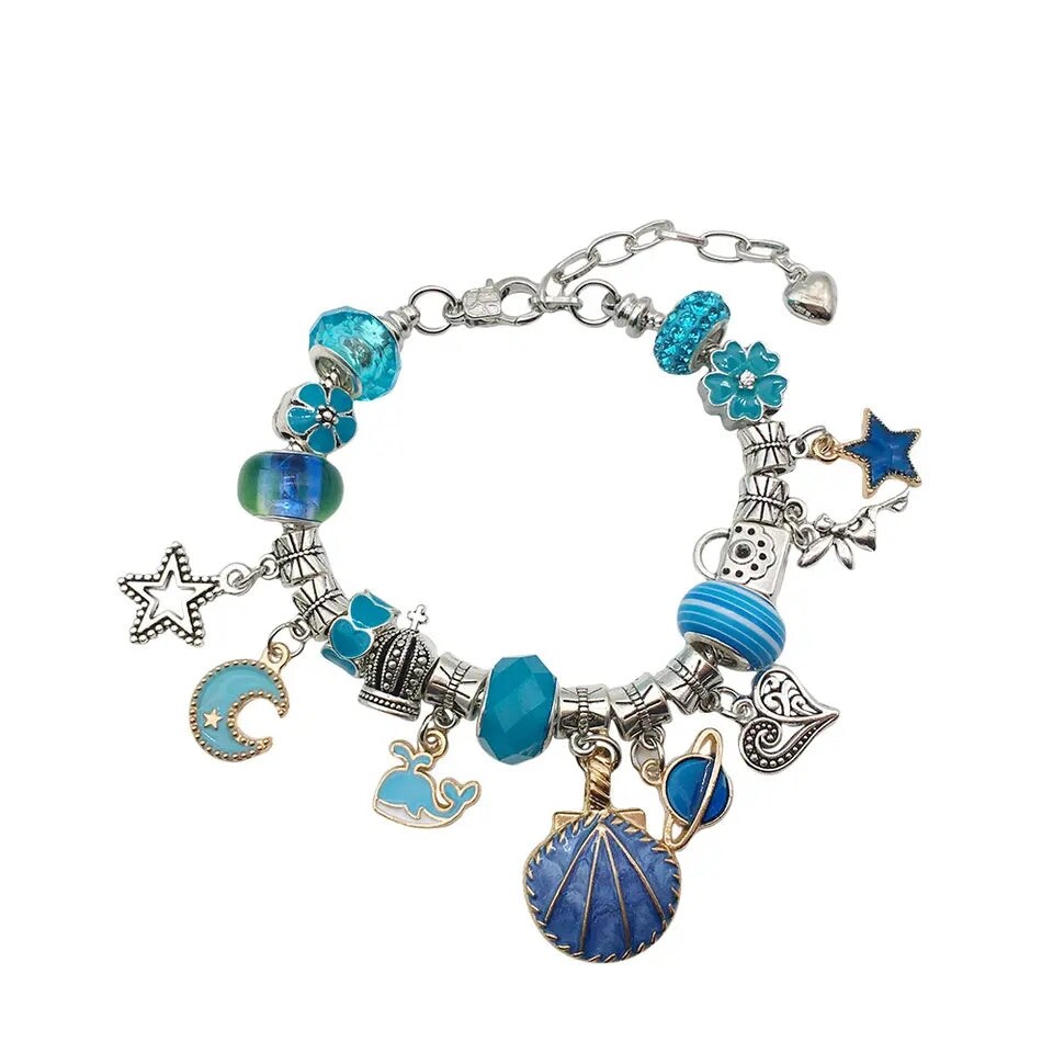 Silvertone Charm Bracelet Set with Blue Charms