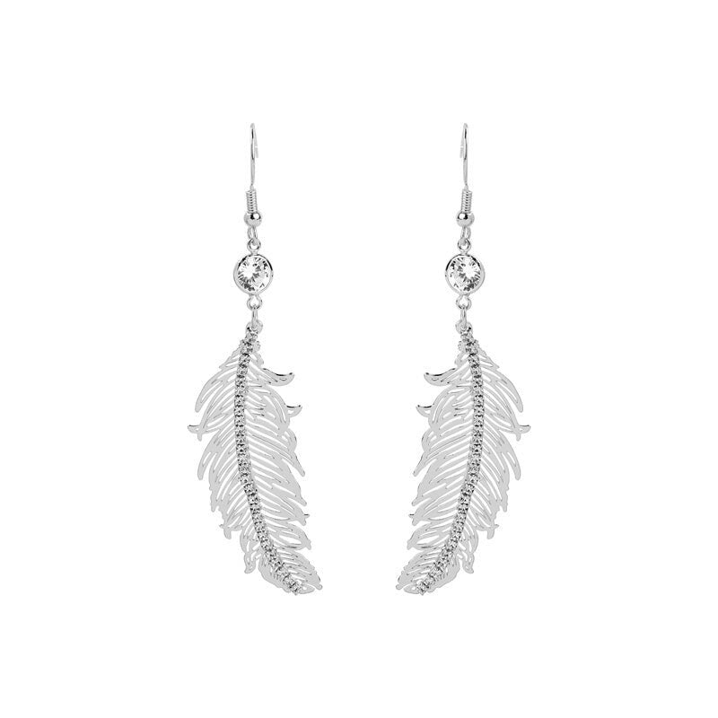 Silvertone Clear Crystal Feather Drop Earrings