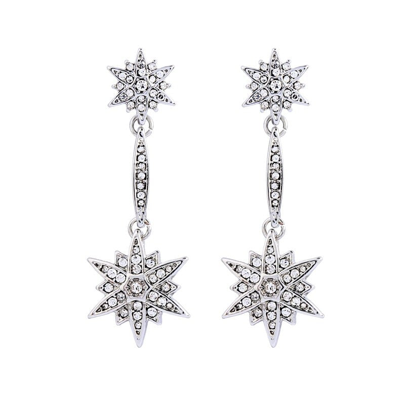 Silvertone Clear Dual Star Drop Earrings