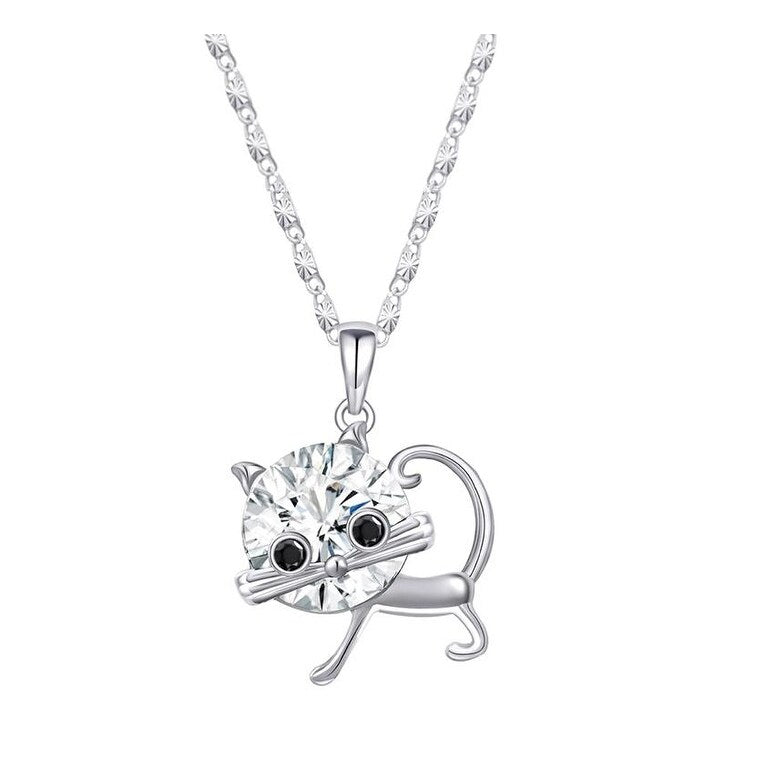 Silvertone Clear Swarovski Crystal Cat Pendant Necklace