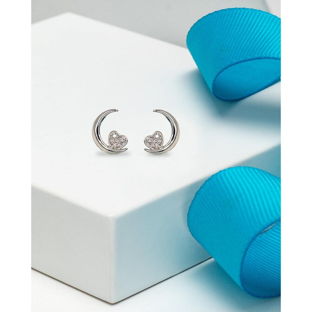 Silvertone Clear Swarovski Crystal Crescent Moon Heart Stud Earrings