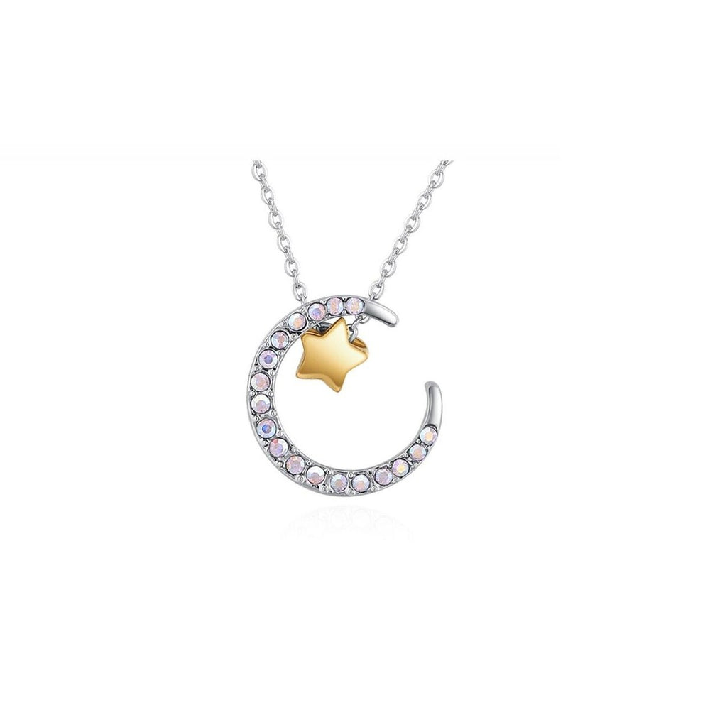 Silvertone Crescent Moon & Goldtone Star Pendant Necklace with Swarovski Crystal - White