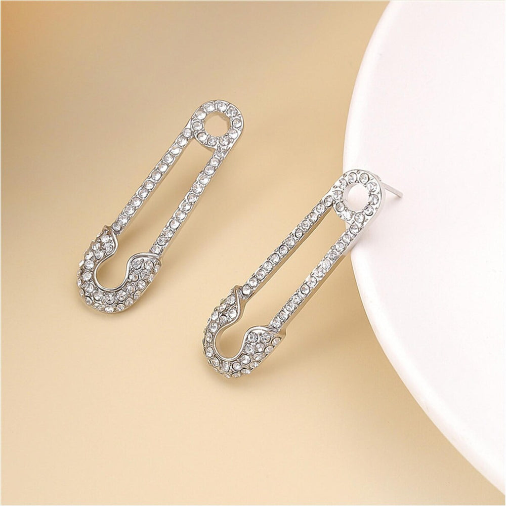 Silvertone Crystal Pave Safety Pin Stud Earrings