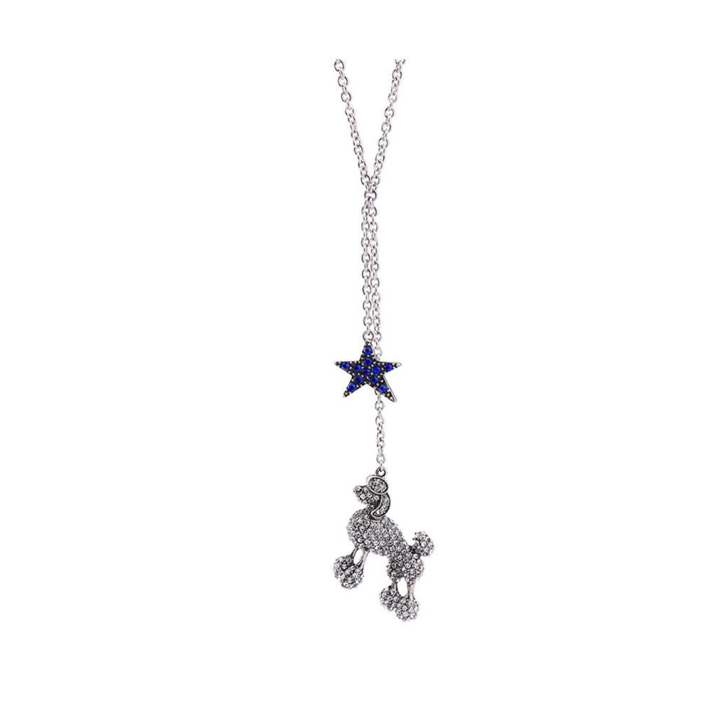 Silvertone Crystal Poodle Blue Star Necklace - White