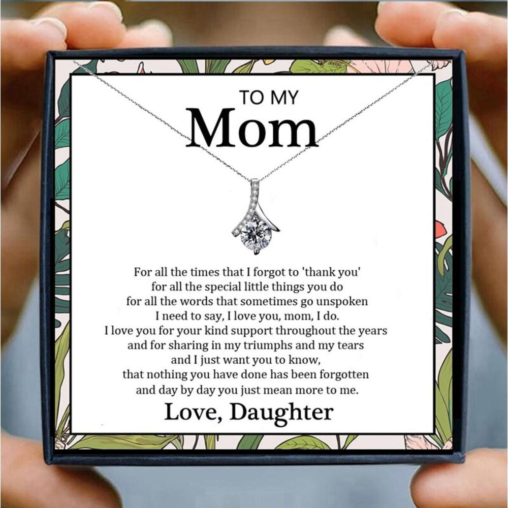 Silvertone Cz Pendant Necklace - Thank You Mom - White