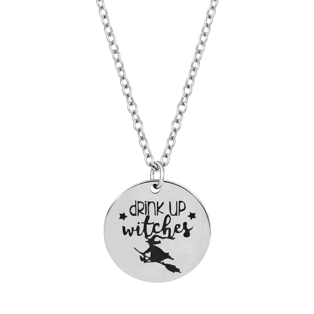 Silvertone Drink Up Witches Halloween Pendant Necklace - White