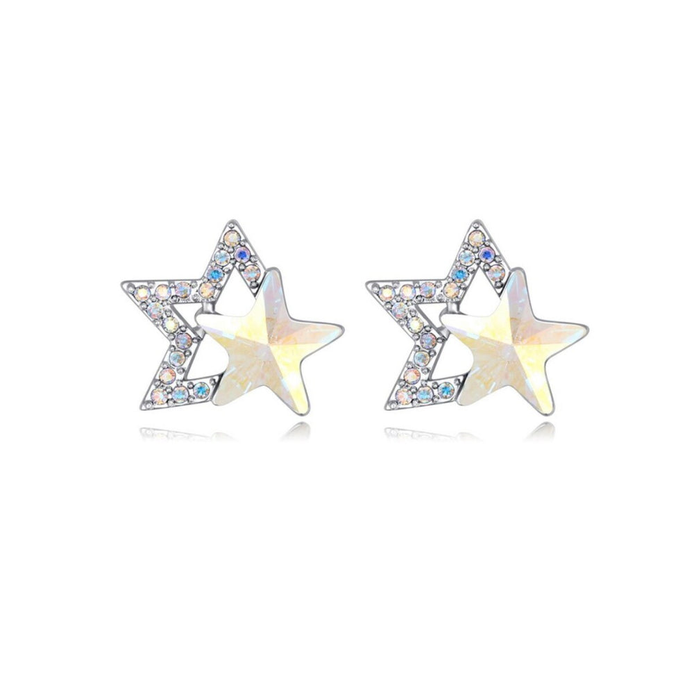 Silvertone Dual Star Stud Earrings with Swarovski Crystal