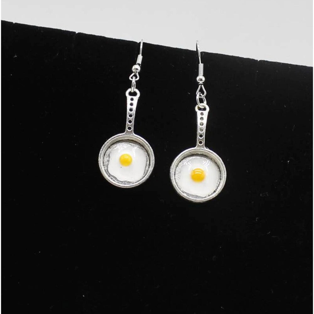 Silvertone Eggs In Frying Pan Drop Earrings