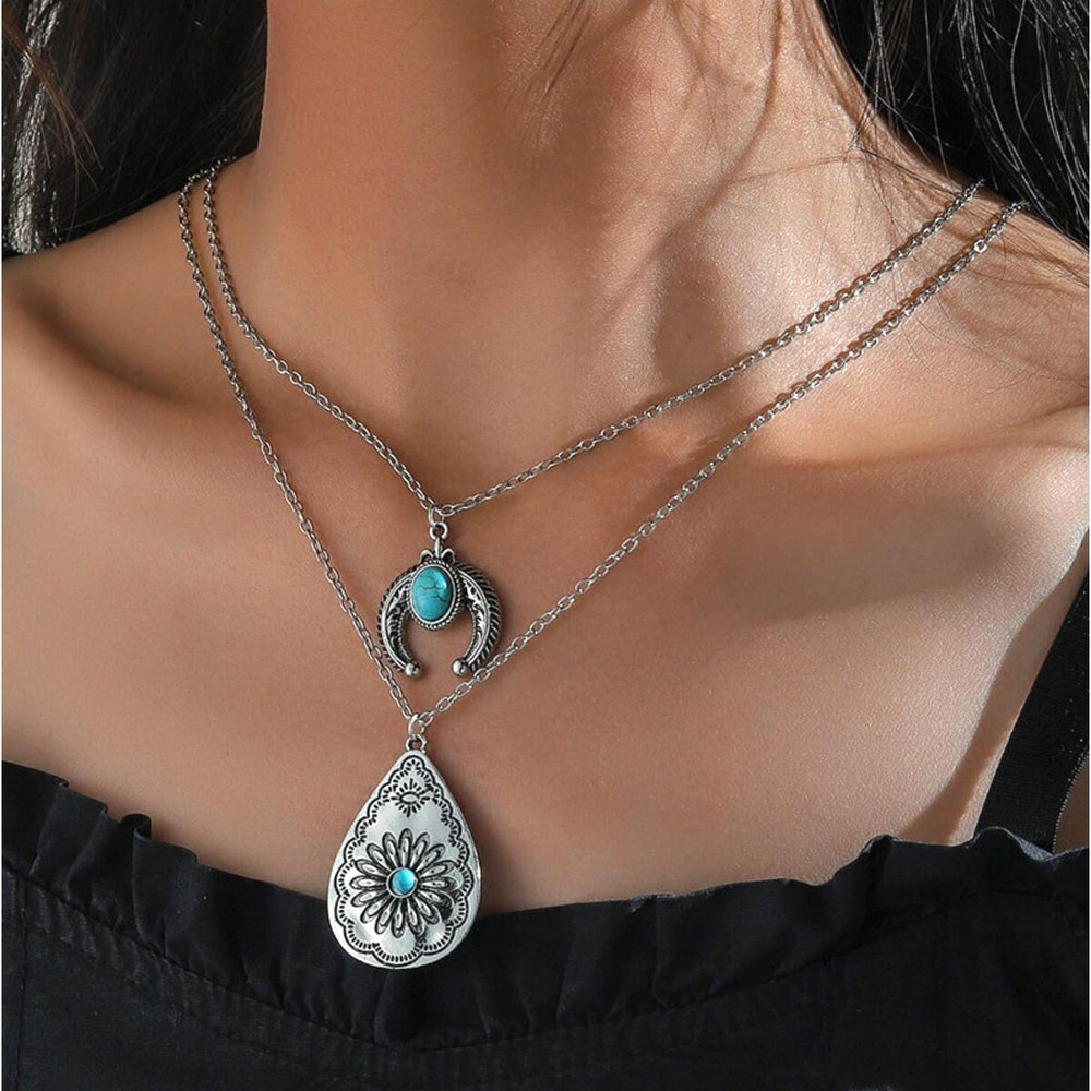 Silvertone Faux Turquoise Crescent Moon And Teardrop Western Layered Necklace - White