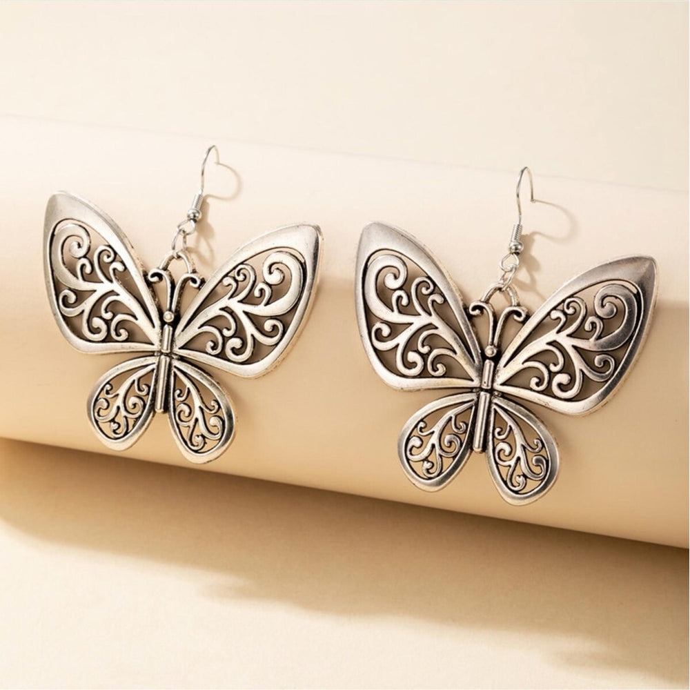 Silvertone Filigree Butterfly Drop Earrings