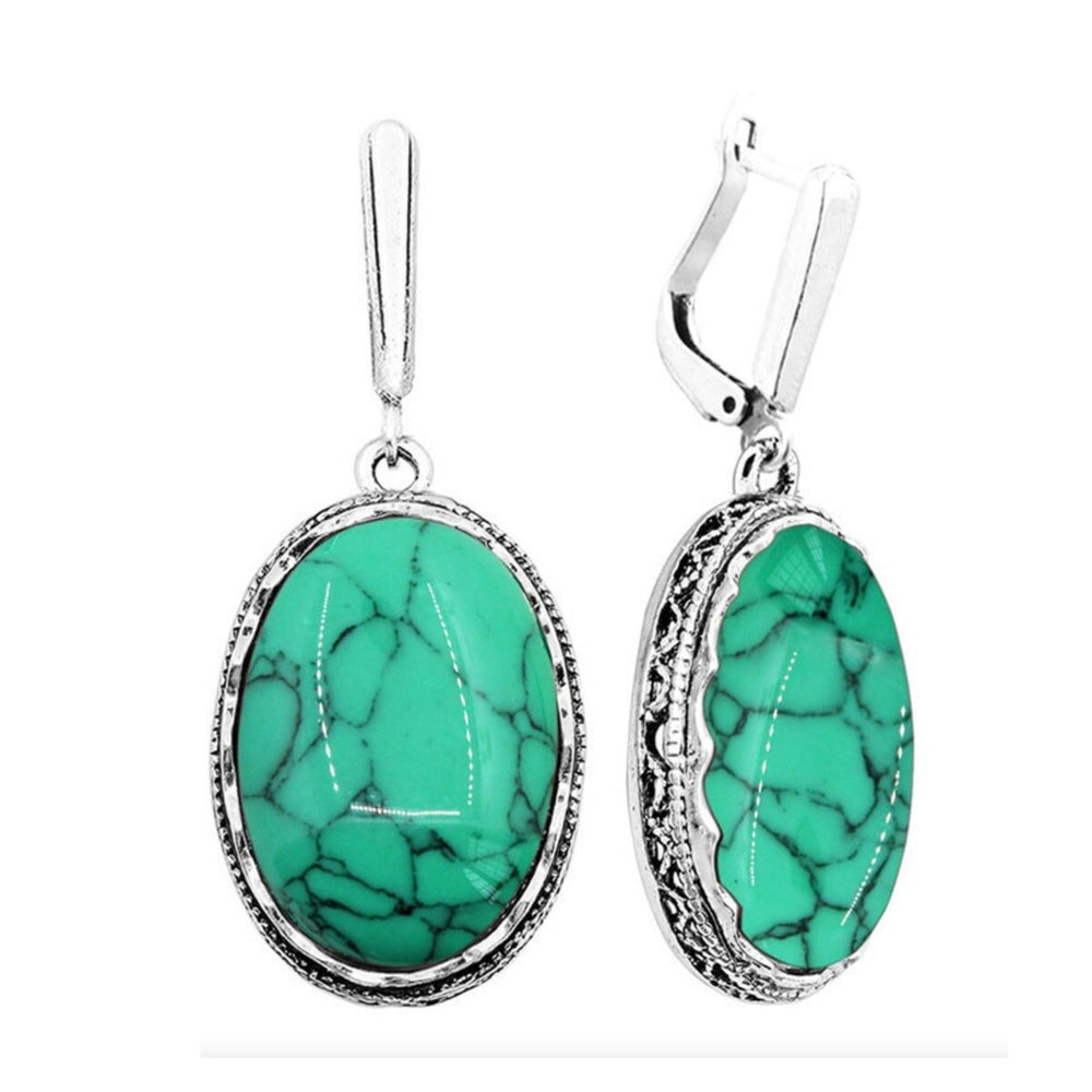 Silvertone Green Oval Leverback Earrings