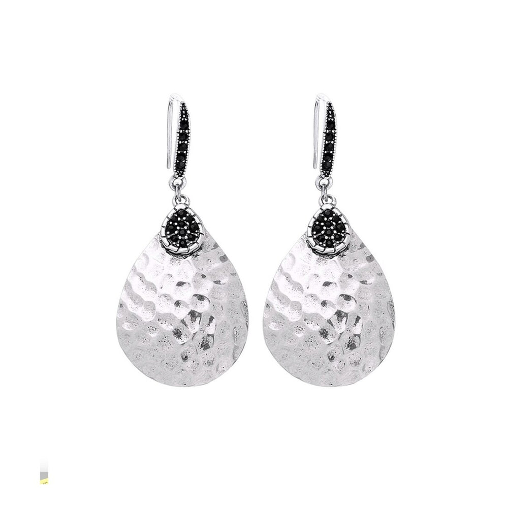 Silvertone Hammered Black Teardrop Earrings