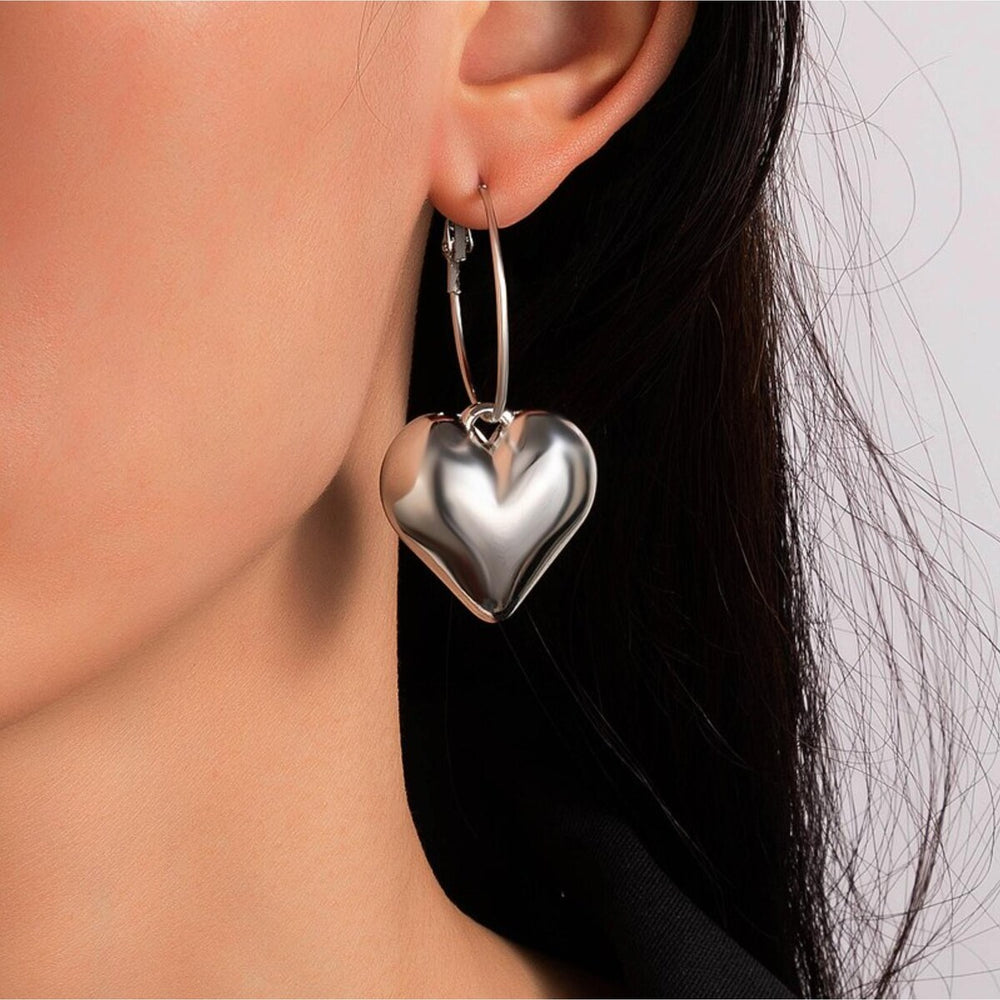 Silvertone Heart Hoop Earring