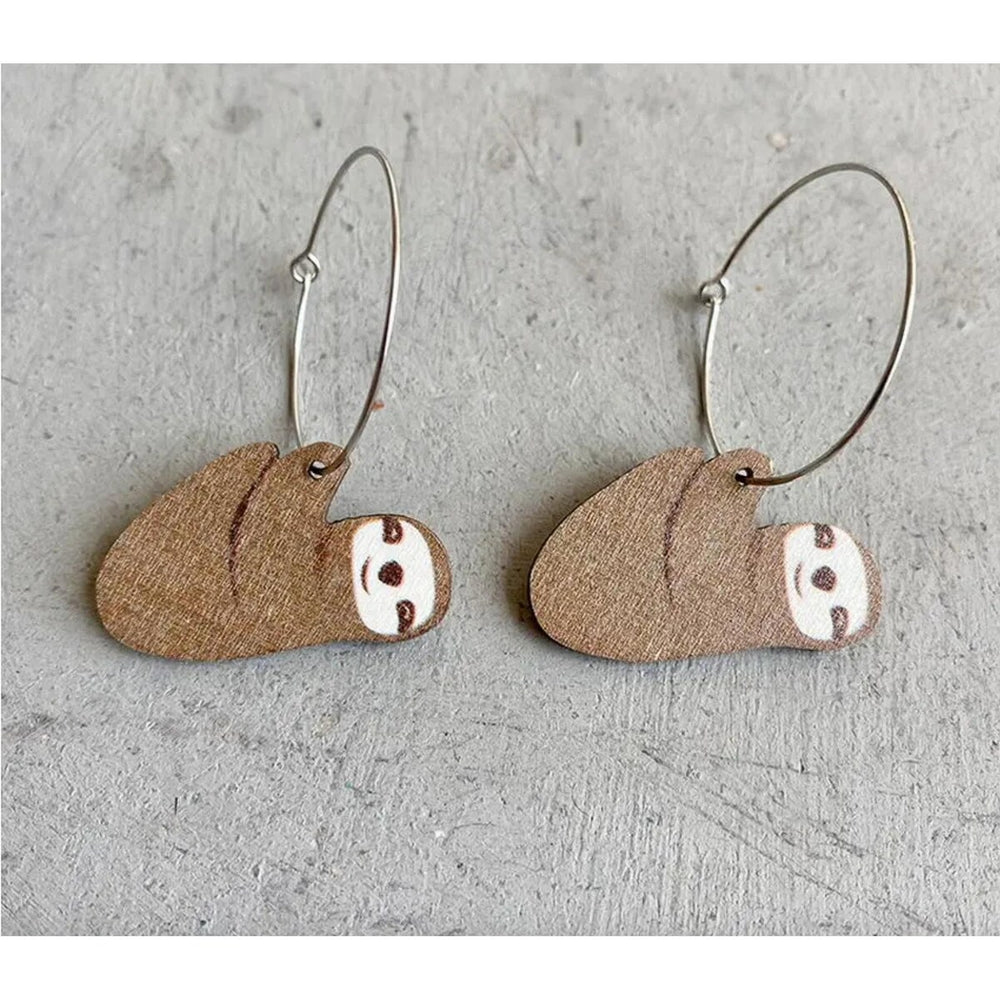 Silvertone Hooped Brown Sloth Earrings