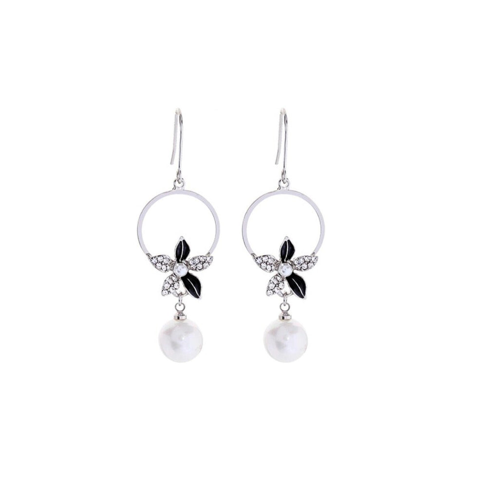 Silvertone Imitation Pearl Floral Crystal Drop Earrings