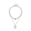 Silvertone Imitation Pearl Heart Cross Layered Necklace - White