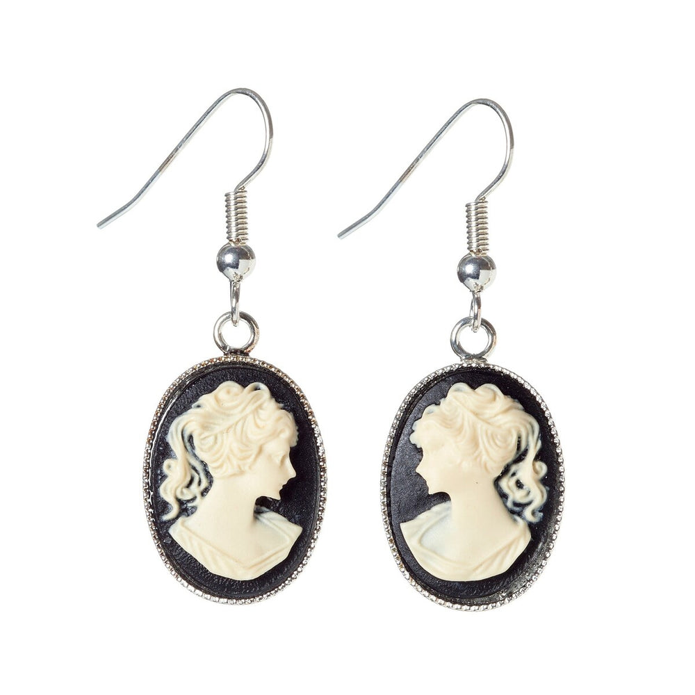 Silvertone Jet And Pearl Vintage Cameo Drop Earrings