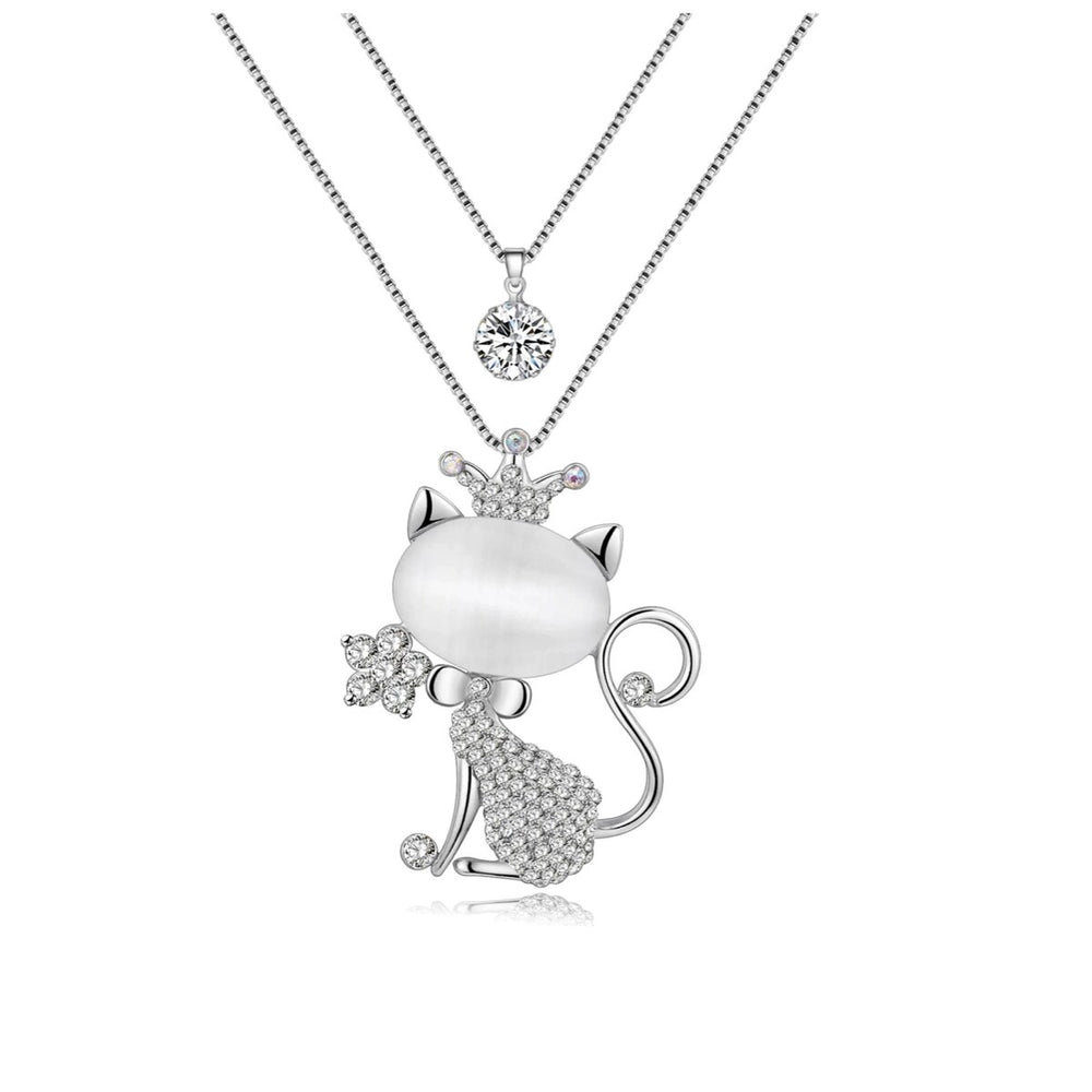 Silvertone Layered Crystal Cat Necklace - White