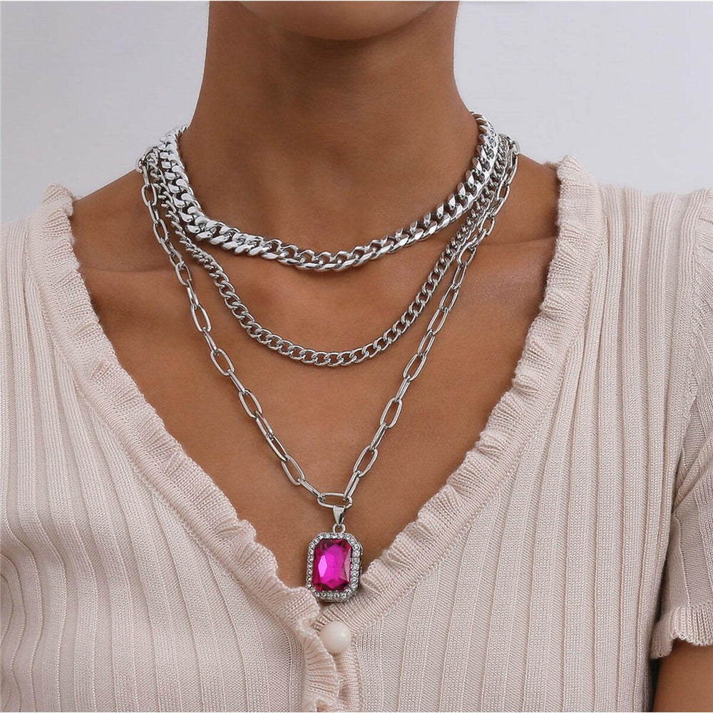 Silvertone Layered Necklace With Pink Crystal - White