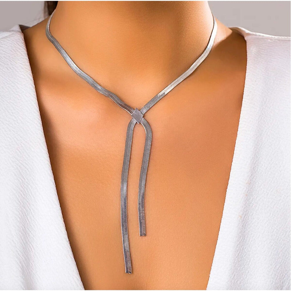 Silvertone Minimalist Crossover Drop Necklace - White