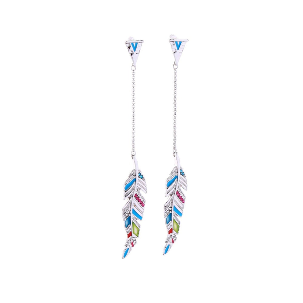 Silvertone Multi Colored Feather Chain Drop Earrings