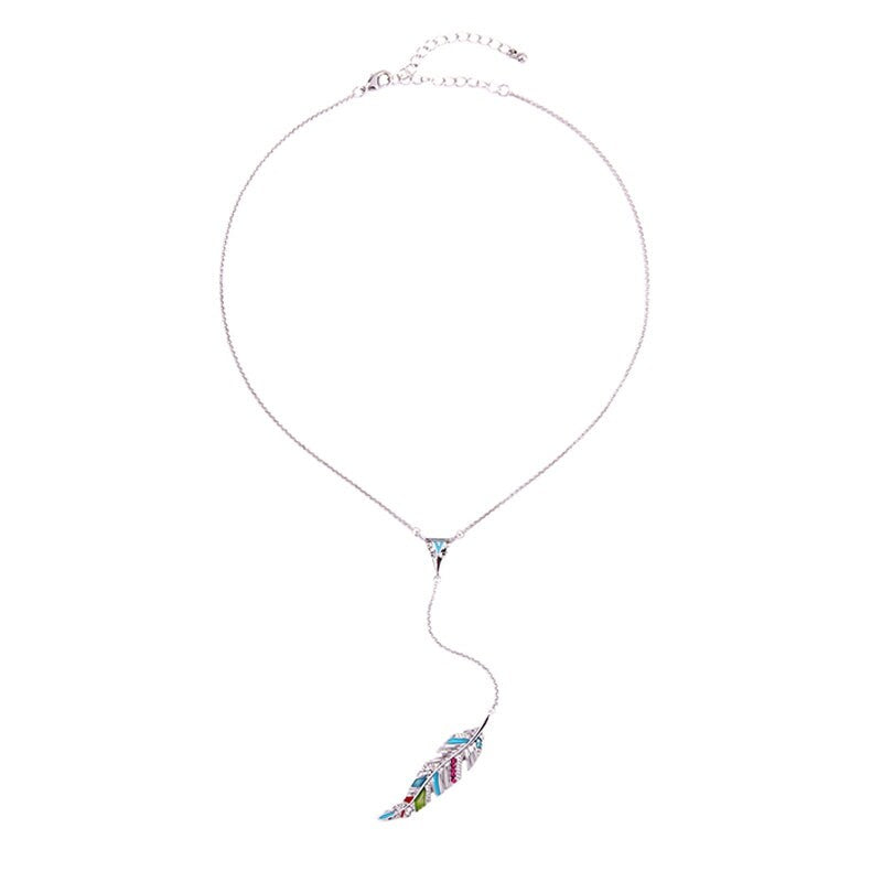 Silvertone Multi Colored Feather Necklace - White