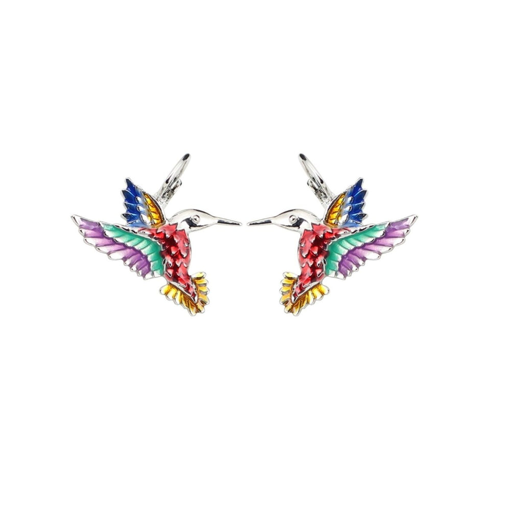 Silvertone Multi Colored Hummingbird Leverback Earrings