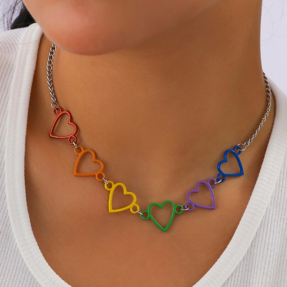 Silvertone Multi Colored Open Hearts Necklace - White