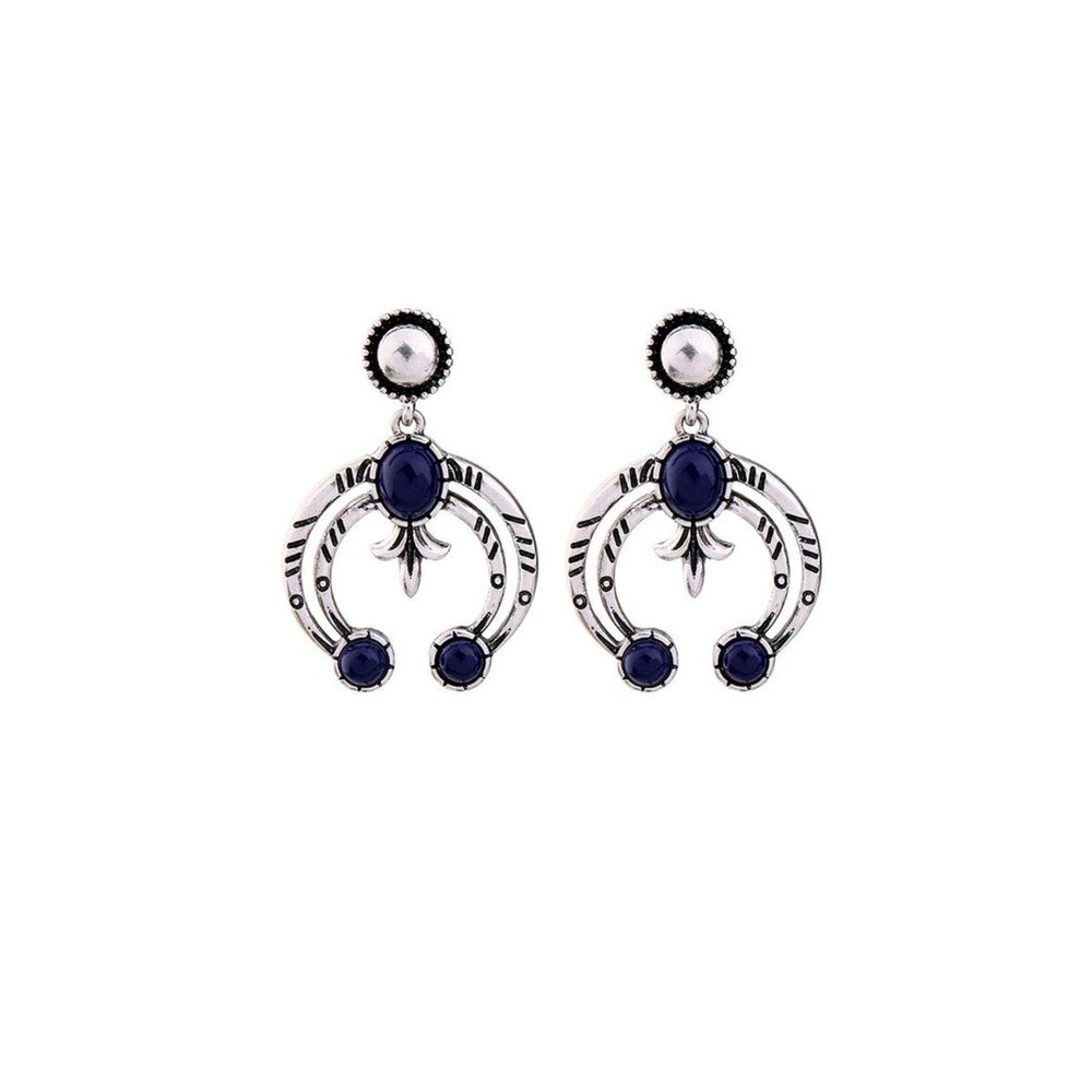 Silvertone Navy Boho Crescent Moon Drop Earrings