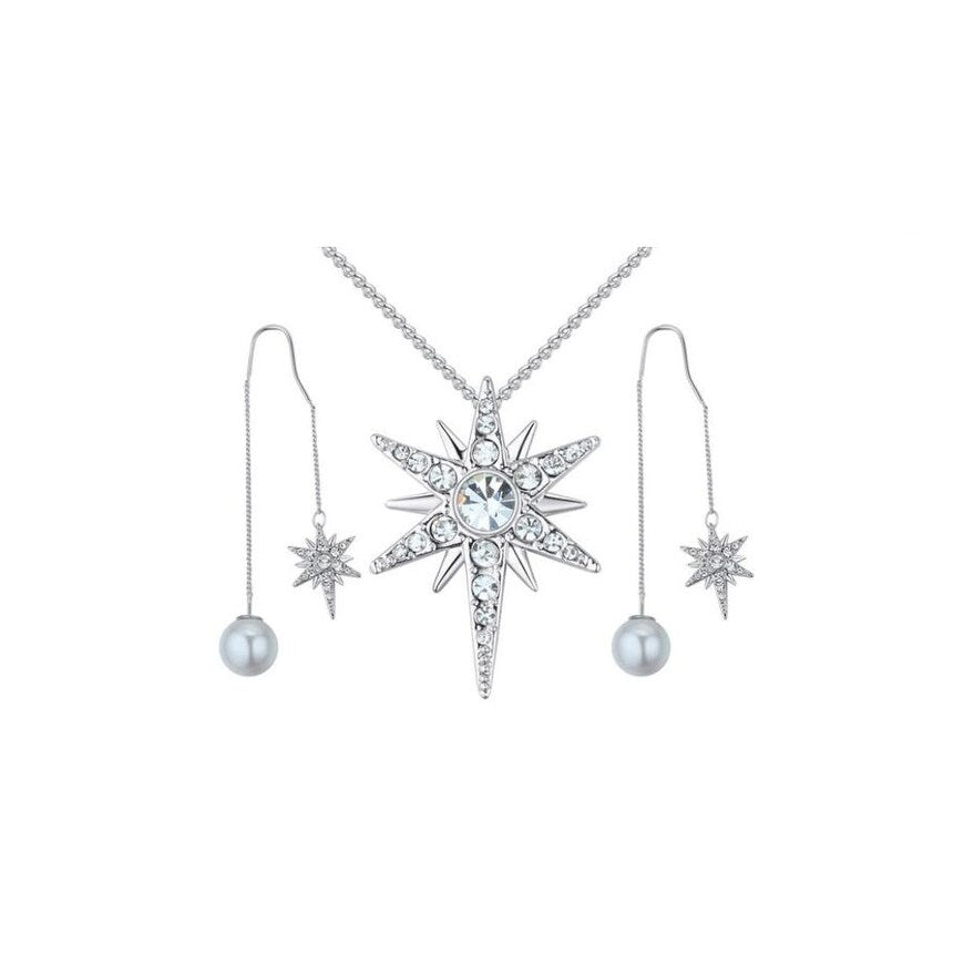 Silvertone North Star Necklace Earrings Set With Swarovski Crystals - White