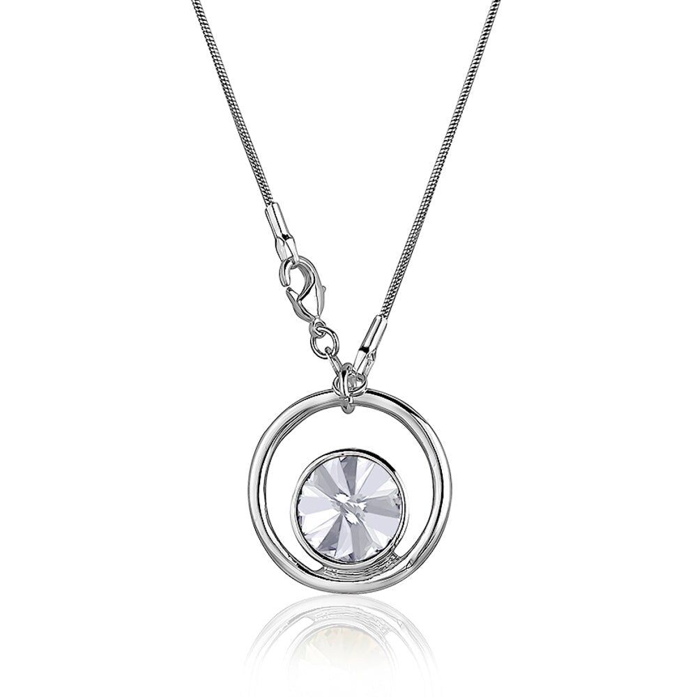 Silvertone Open Circle Pendant Necklace with Swarovski Crystals - White