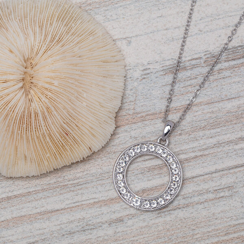 Silvertone Open Circle Pendant With Swarovski Crystals - White