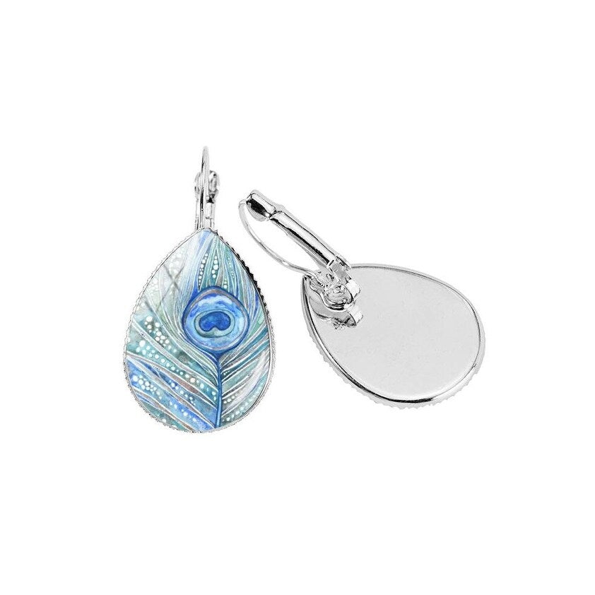 Silvertone Peacock Teardrop Leverback Earrings