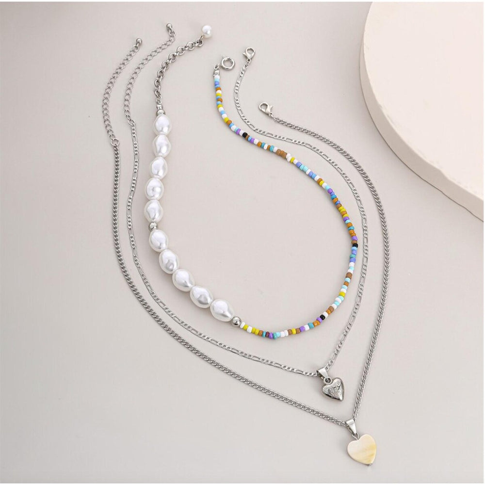 Silvertone Pearl Multi Colored Beaded Layered Necklace - White