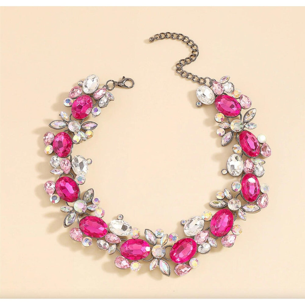 Silvertone Pink Crystal Floral & Leaf Choker Necklace - White