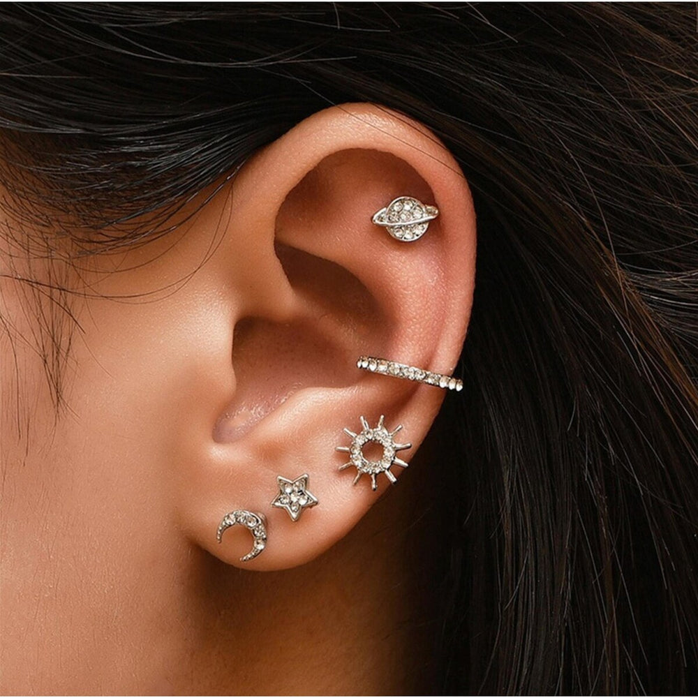 Silvertone Planet Celestial Crystal Set Of 4 Studs And 1 Ear Cuff