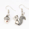 Silvertone Squirrel Acorn Asymmetrical Drop Earrings