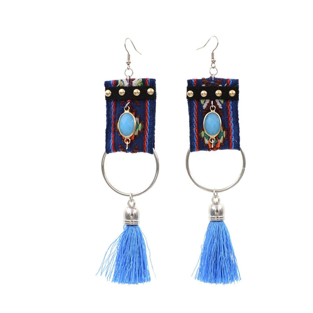 Silvertone Stitched Drop Earrings with Tassel