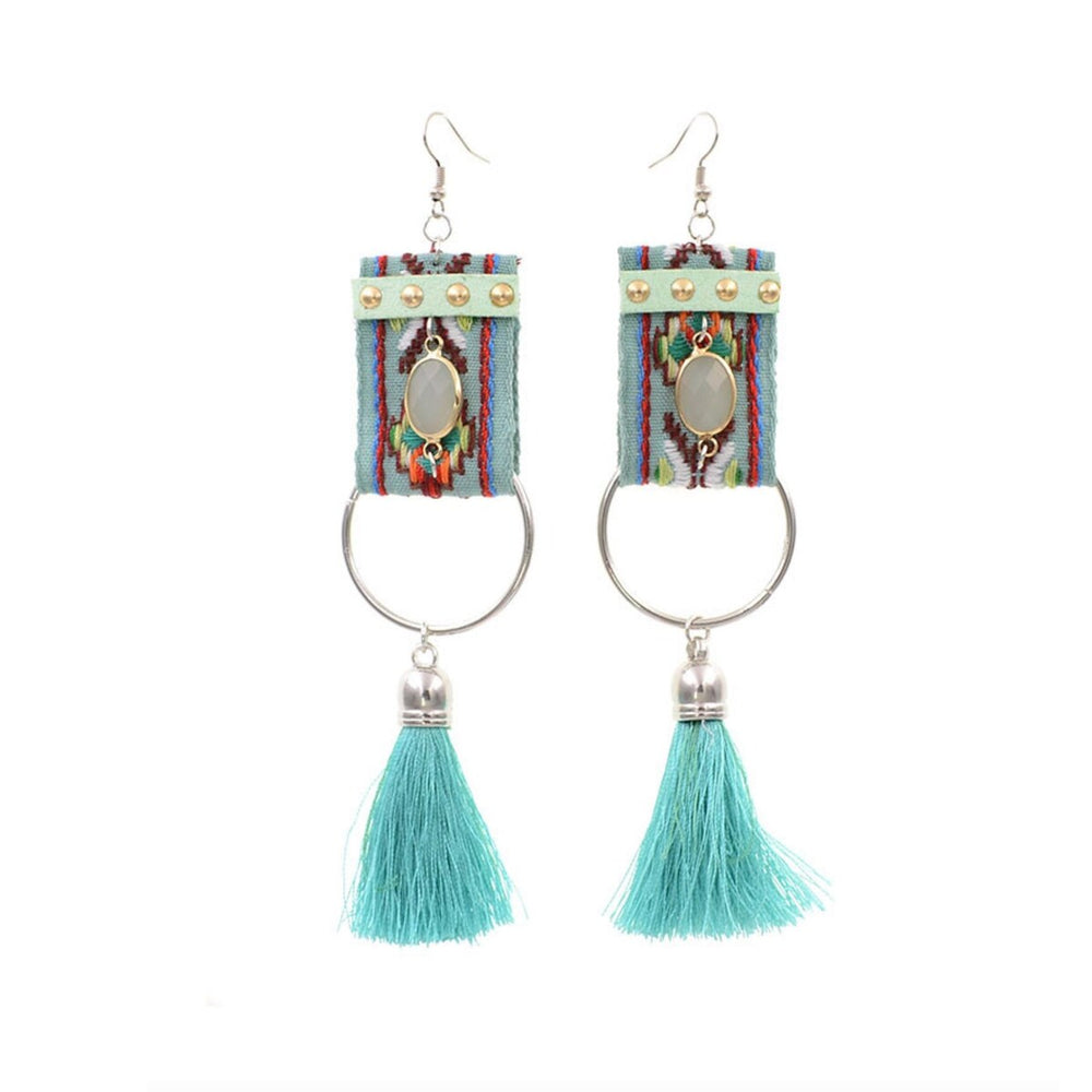 Silvertone Stitched Drop Earrings with Tassel