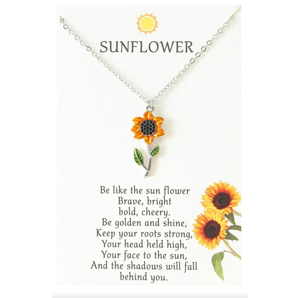 Silvertone Sunflower Necklace On Gift Card - White