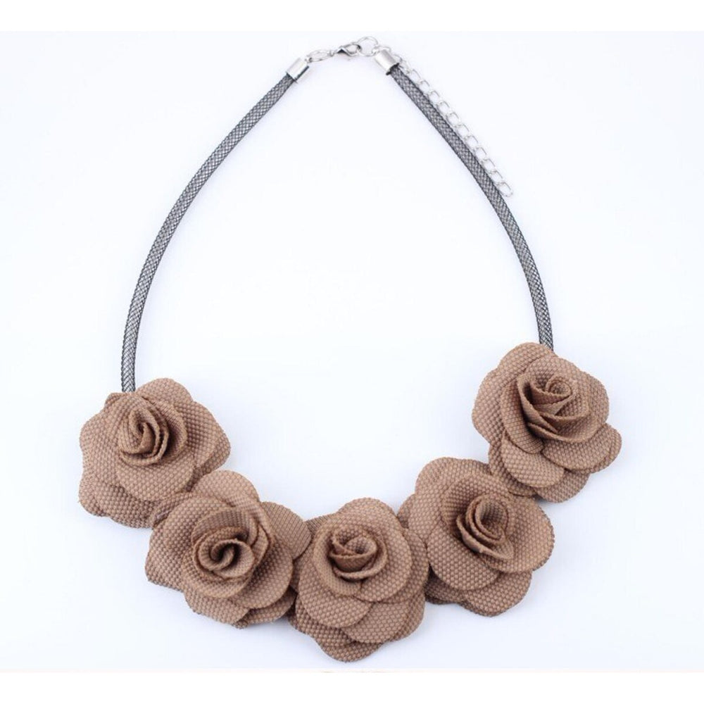 Silvertone Taupe Rose Statement Necklace - White