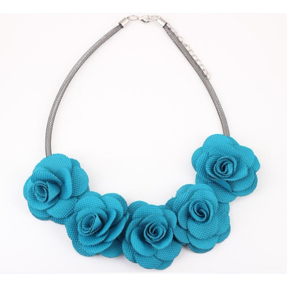 Silvertone Teal Roses Collar Necklace - White