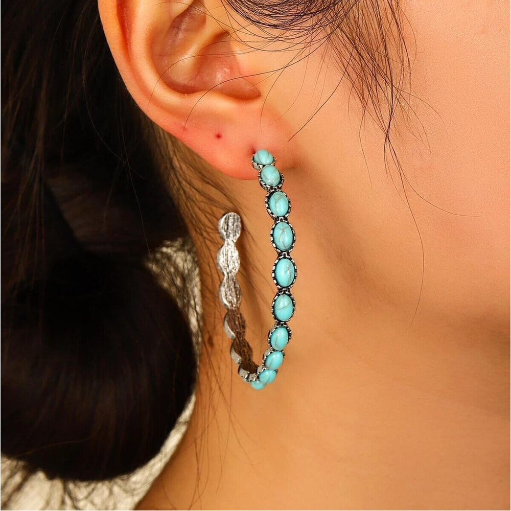 Silvertone Turquoise Boho Hoop Earrings