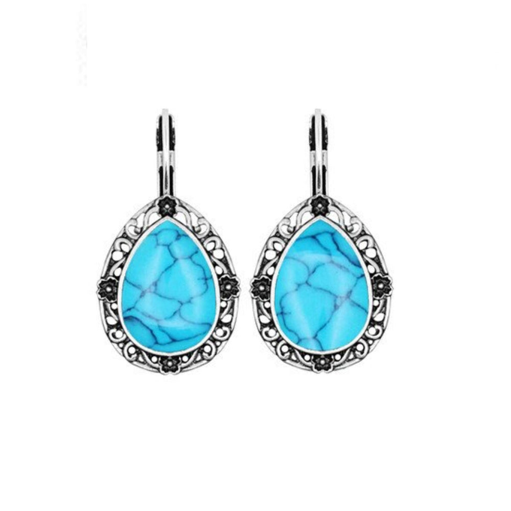 Silvertone Turquoise Teardrop Leverback Earrings